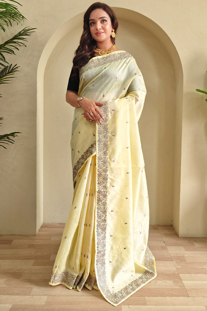 Mellow Yellow Embroidered Pure Loom Tussar Silk Saree