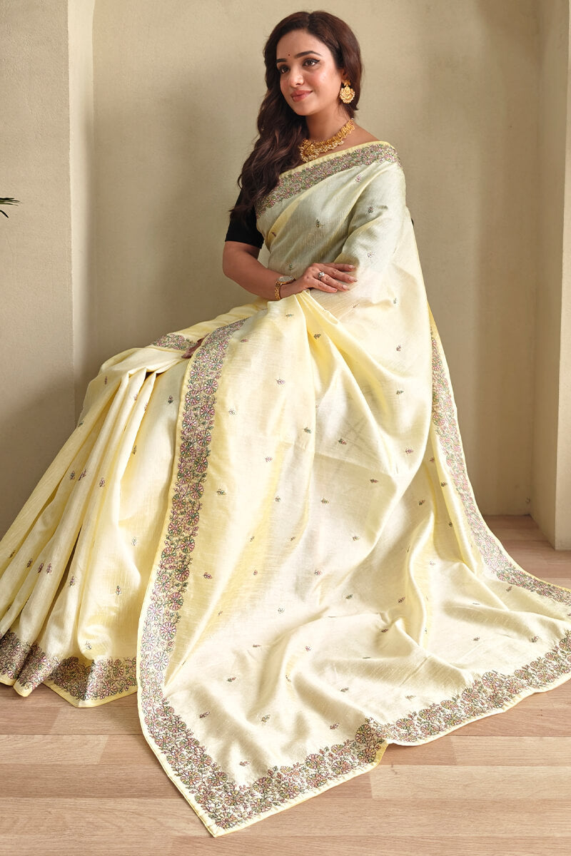Mellow Yellow Embroidered Pure Loom Tussar Silk Saree