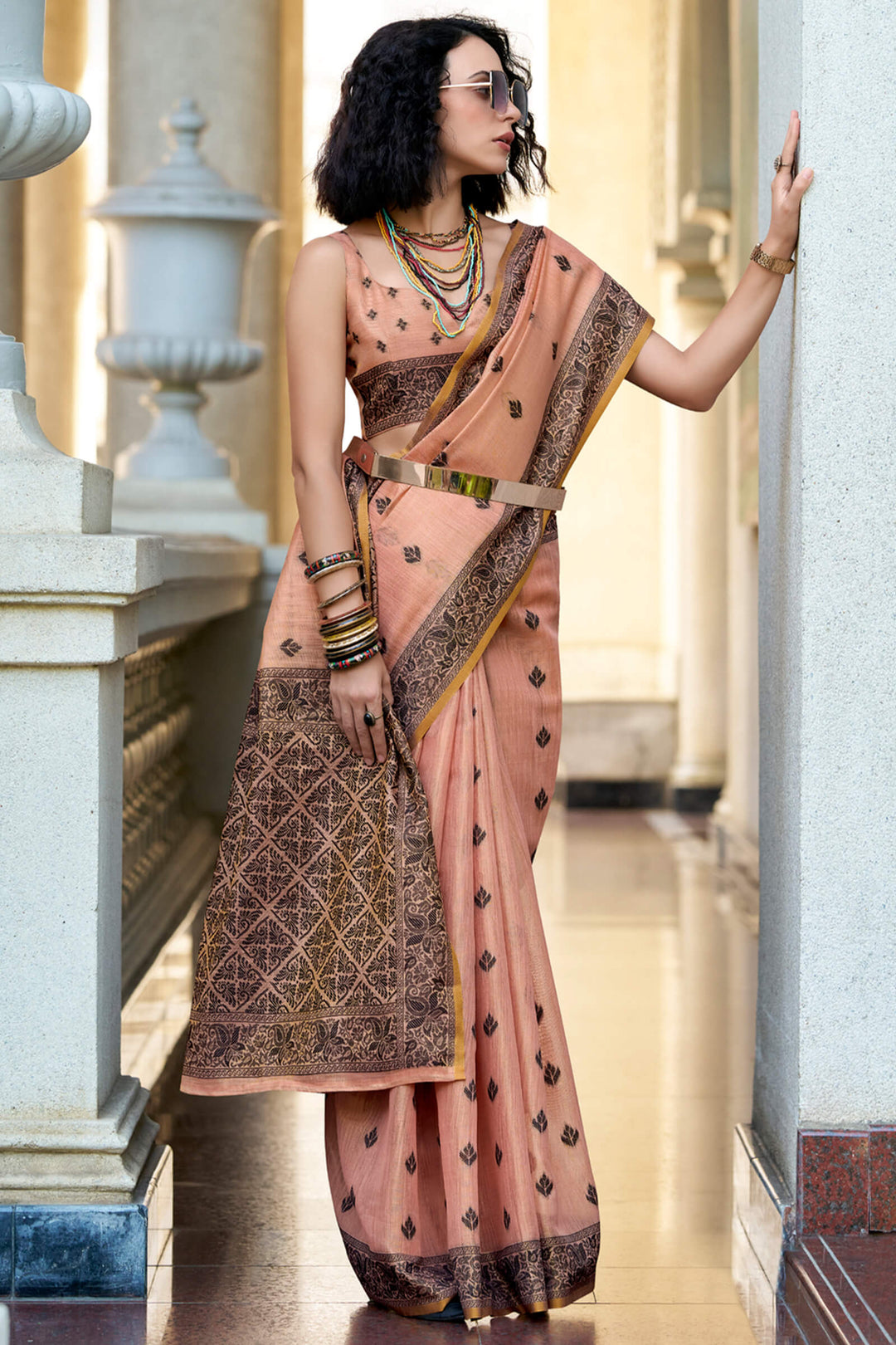 Melon Peach Linen Tissue Silk Saree