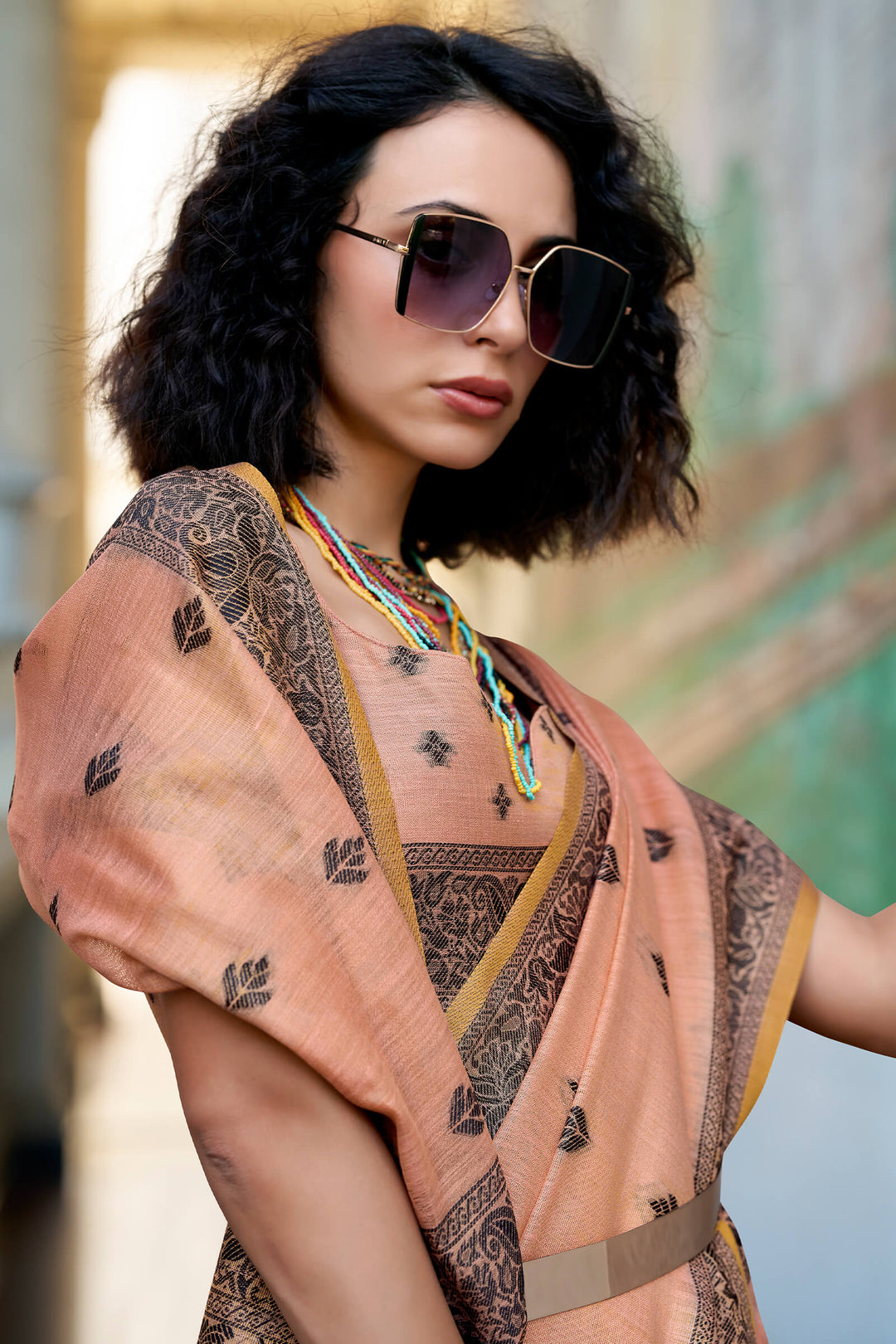 Melon Peach Linen Tissue Silk Saree