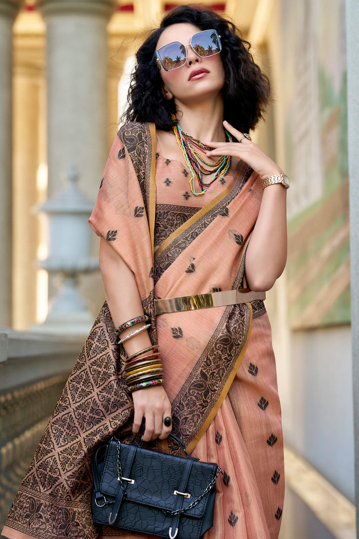 Melon Peach Linen Tissue Silk Saree