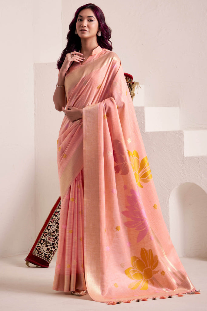 Melon Peach Soft Linen Silk Saree