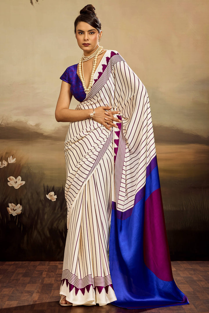 Mercury Beige Ajrakh Printed Satin Silk Saree