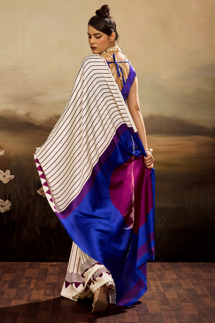 Mercury Beige Ajrakh Printed Satin Silk Saree