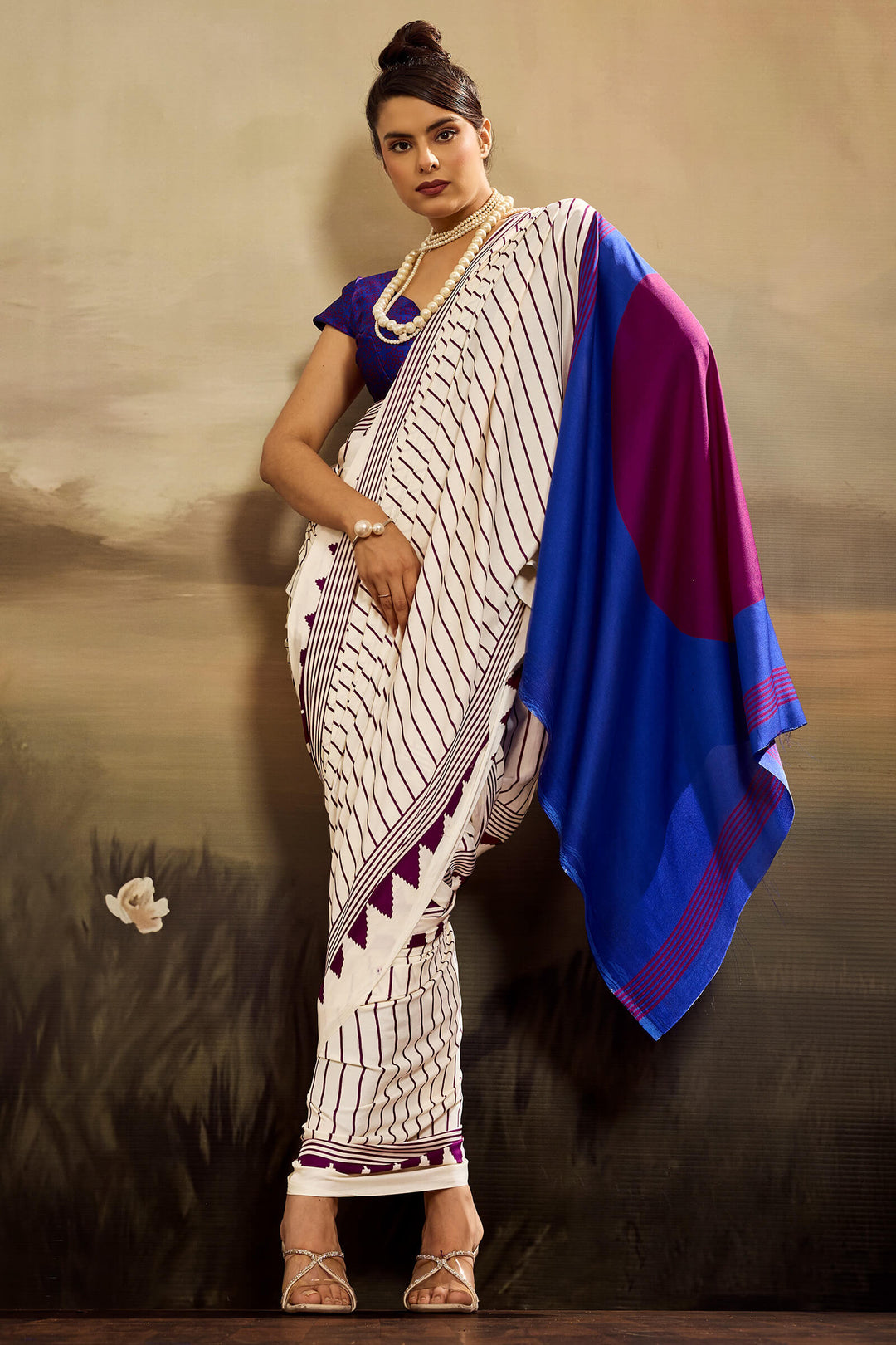 Mercury Beige Ajrakh Printed Satin Silk Saree