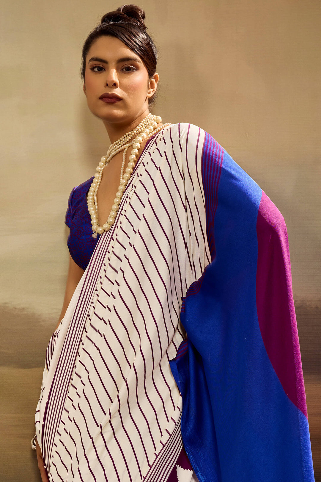 Mercury Beige Ajrakh Printed Satin Silk Saree