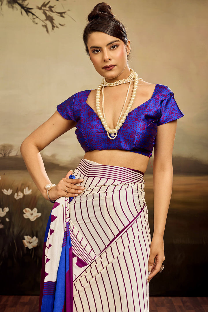 Mercury Beige Ajrakh Printed Satin Silk Saree