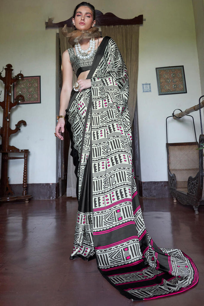 Mercury Beige and Black Printed Satin silk Saree