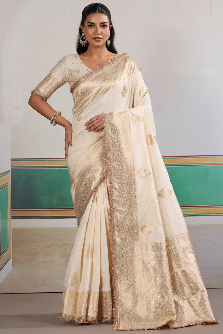 Mercury Beige Banarasi Silk Saree with Fancy Lace Border