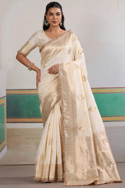 Mercury Beige Banarasi Silk Saree with Fancy Lace Border