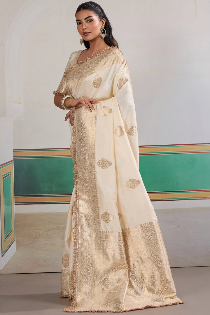 Mercury Beige Banarasi Silk Saree with Fancy Lace Border
