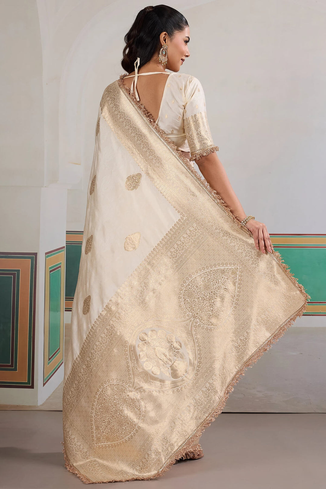Mercury Beige Banarasi Silk Saree with Fancy Lace Border