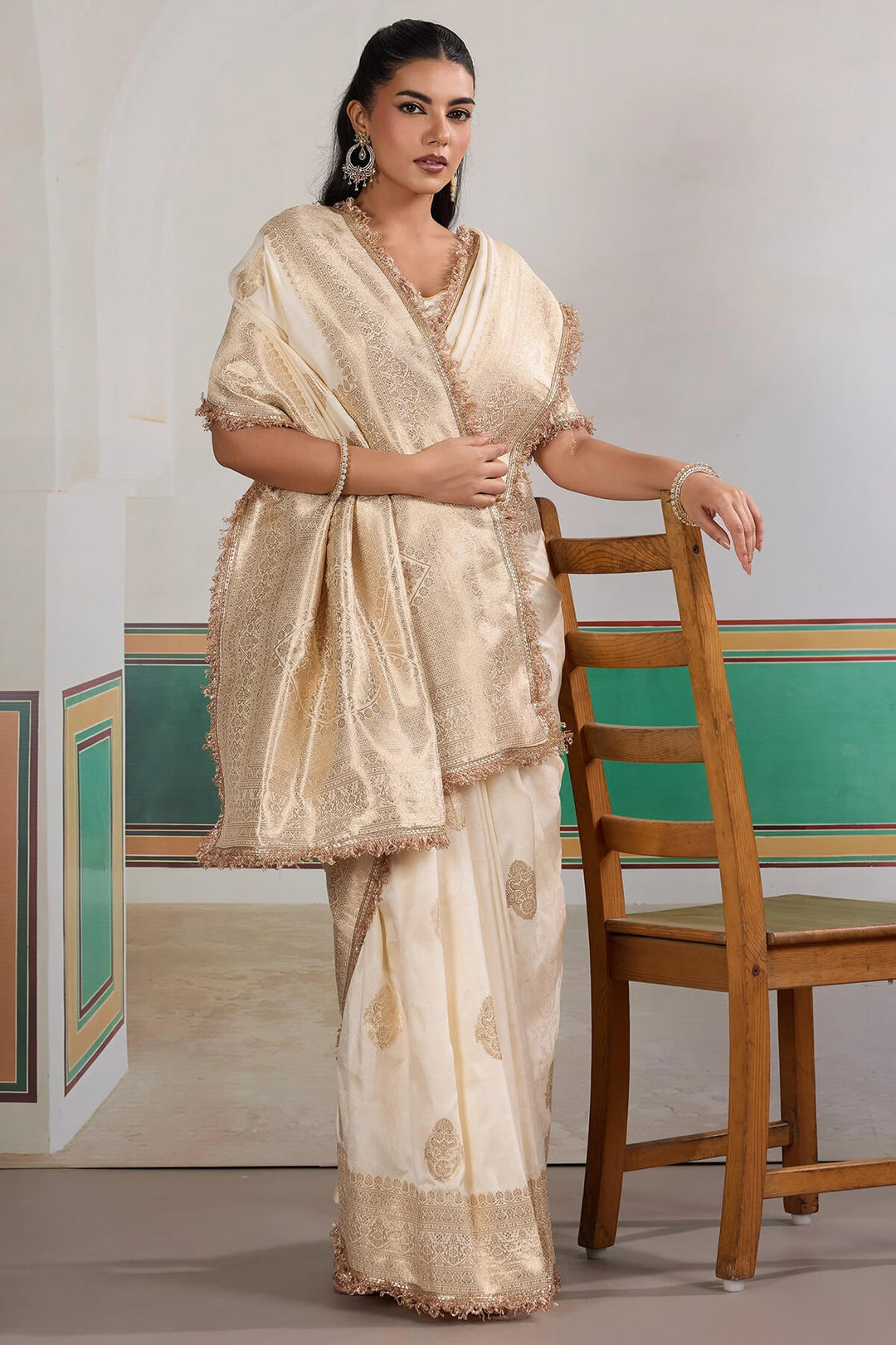 Mercury Beige Banarasi Silk Saree with Fancy Lace Border