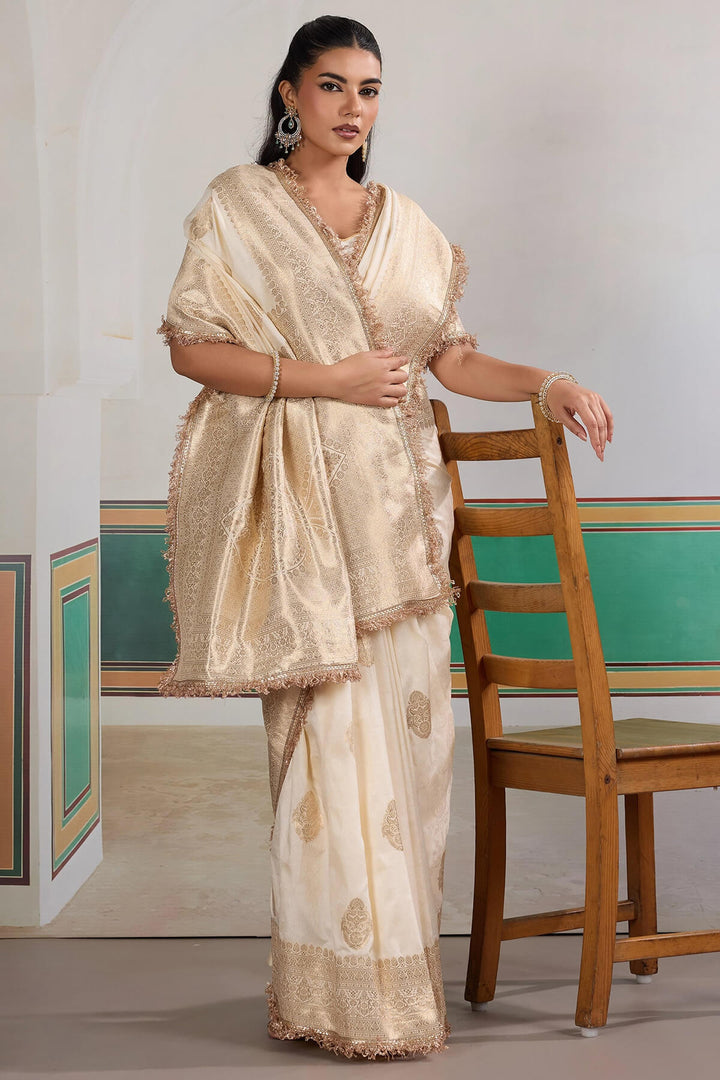 Mercury Beige Banarasi Silk Saree with Fancy Lace Border