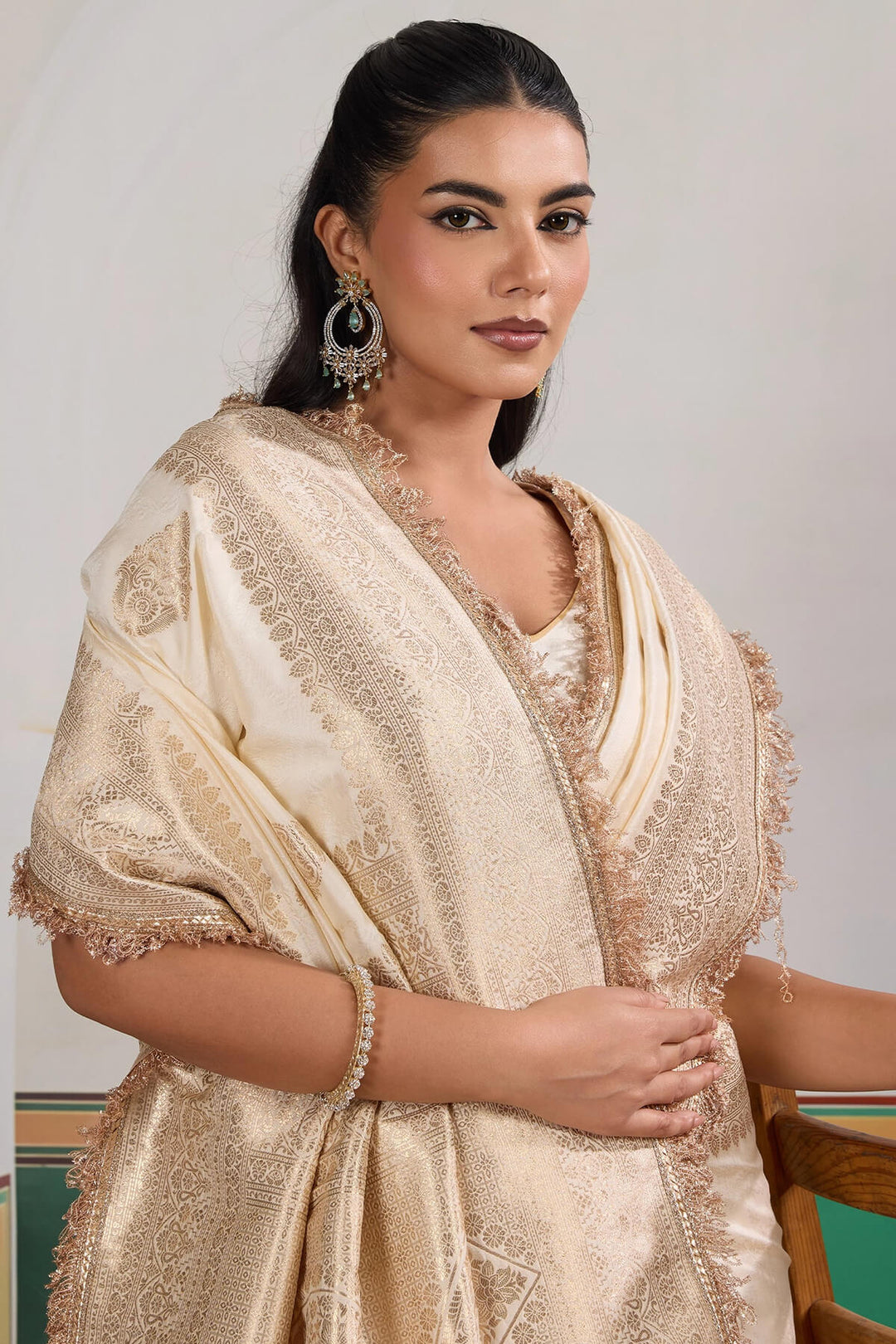 Mercury Beige Banarasi Silk Saree with Fancy Lace Border