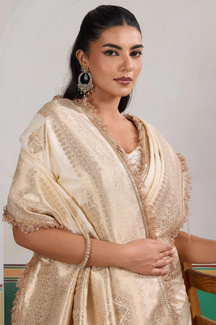 Mercury Beige Banarasi Silk Saree with Fancy Lace Border