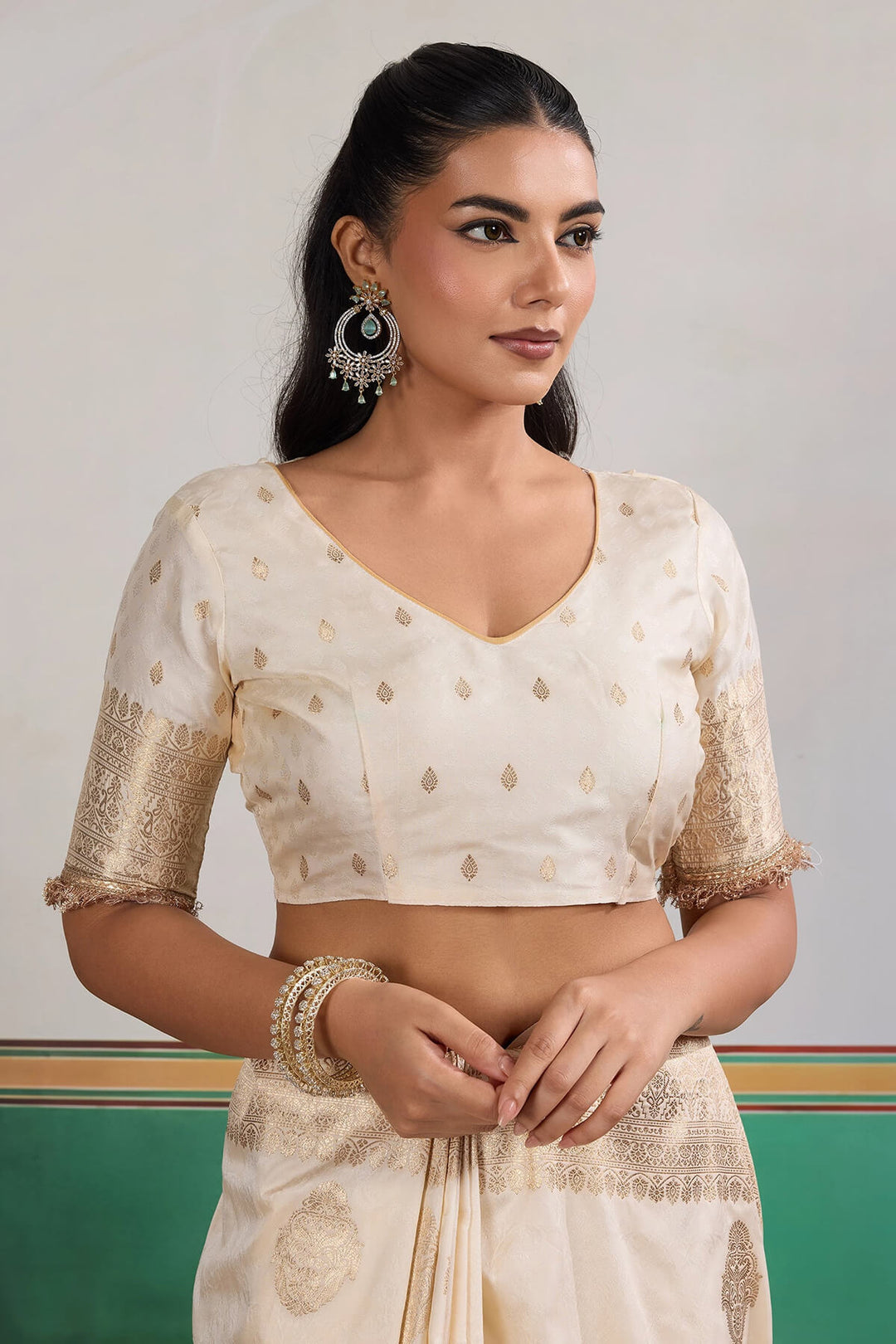 Mercury Beige Banarasi Silk Saree with Fancy Lace Border