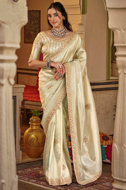 Mercury Beige Hand Work Viscose Saree with Stiched Blouse