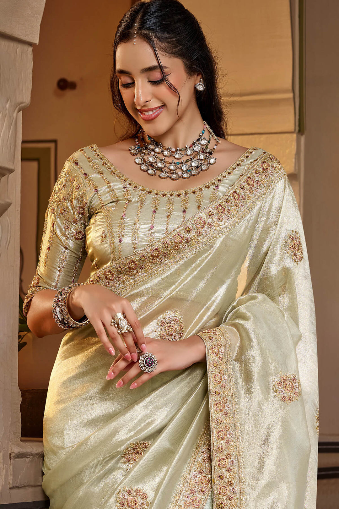 Mercury Beige Hand Work Viscose Saree with Stiched Blouse