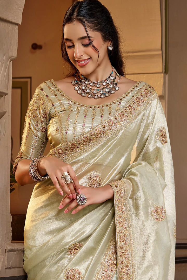 Mercury Beige Hand Work Viscose Saree with Stiched Blouse
