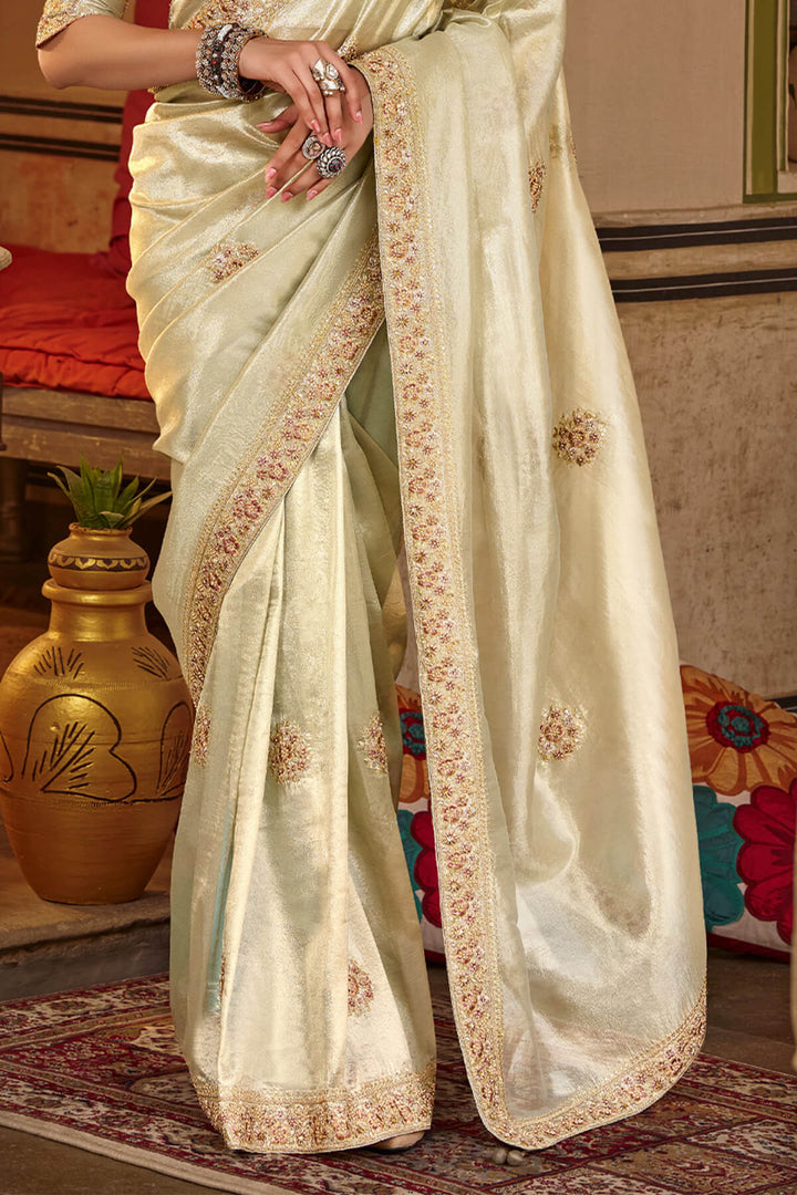 Mercury Beige Hand Work Viscose Saree with Stiched Blouse