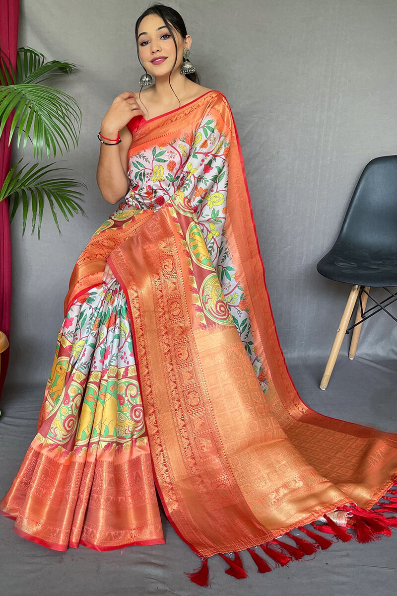 Mercury Beige Kalamkari Printed Soft Silk Saree