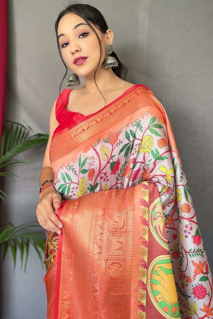 Mercury Beige Kalamkari Printed Soft Silk Saree