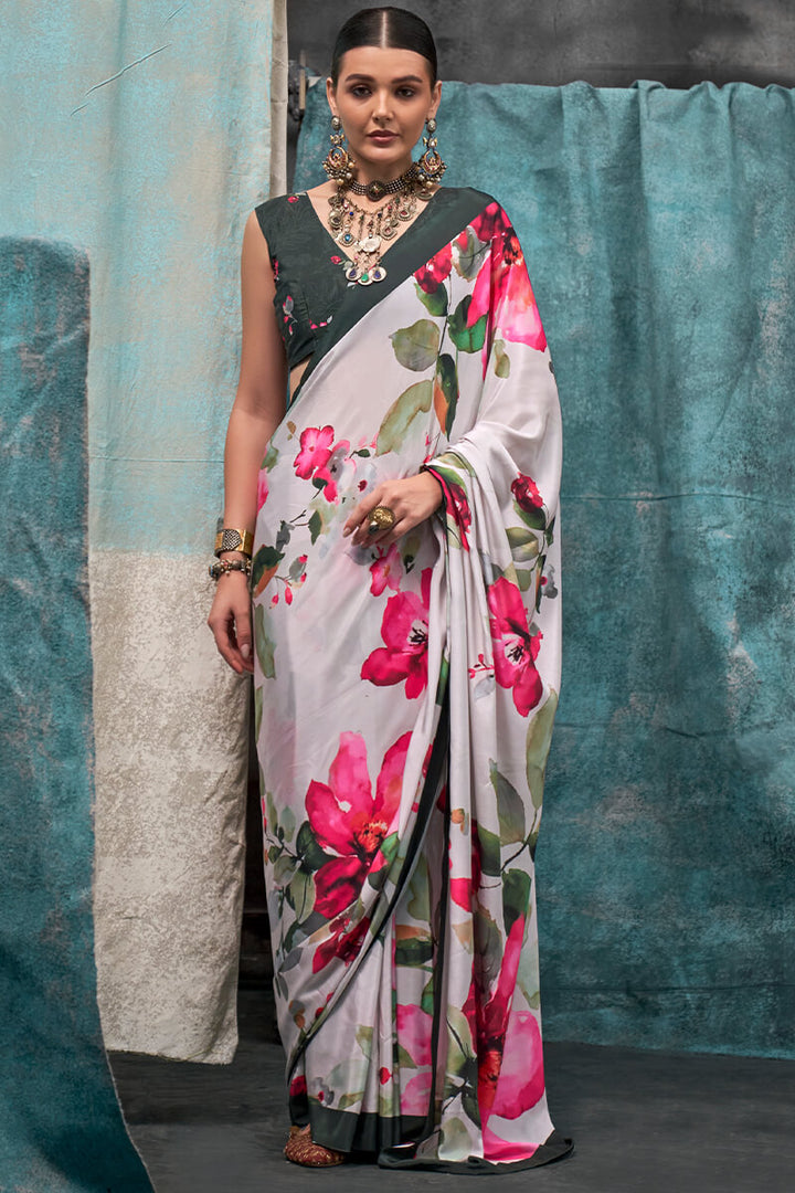 Mercury Beige Printed Crape Silk Saree