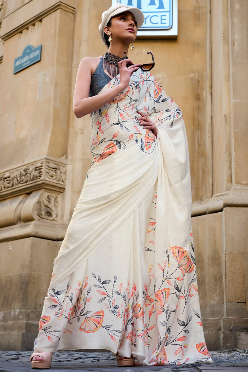 Mercury Beige Printed Satin Silk Saree