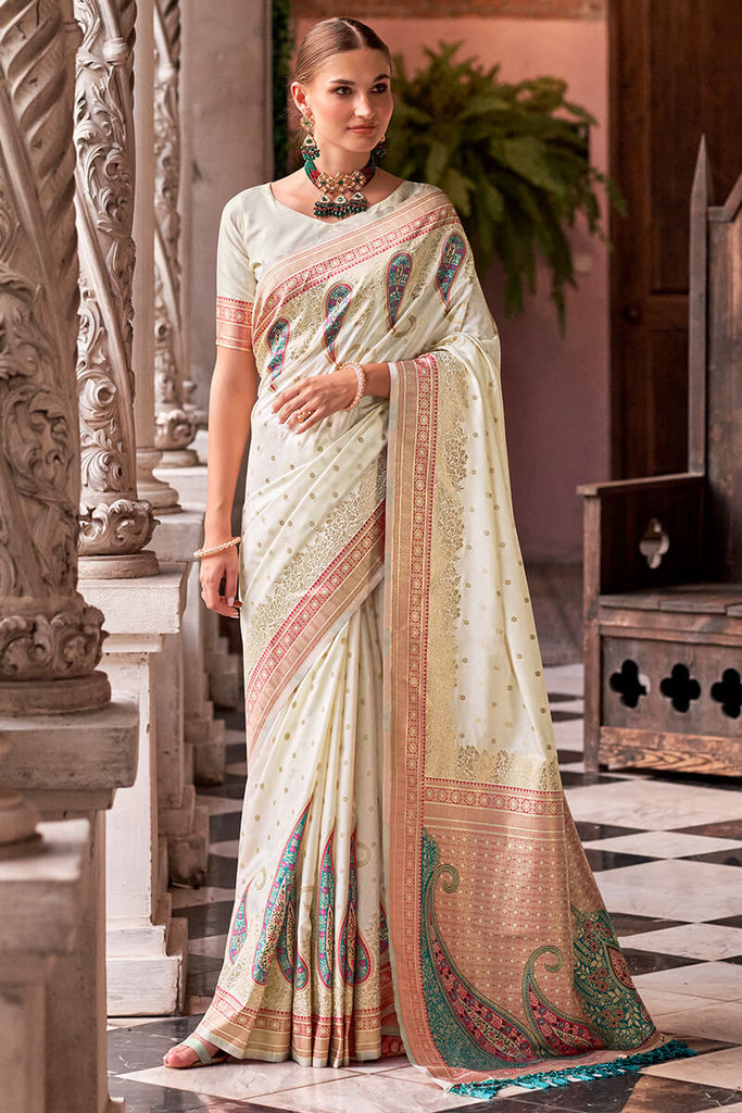 Mercury Beige Soft Banarasi Silk Saree