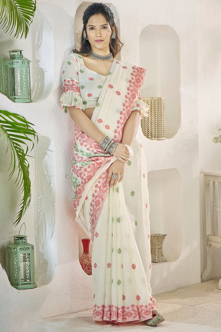 Mercury Beige Soft Linen Silk Saree