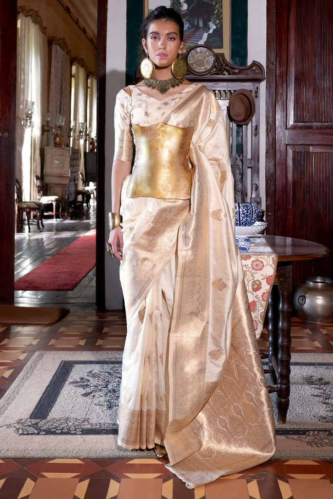 Mercury Beige Two tone Banarasi Silk Saree