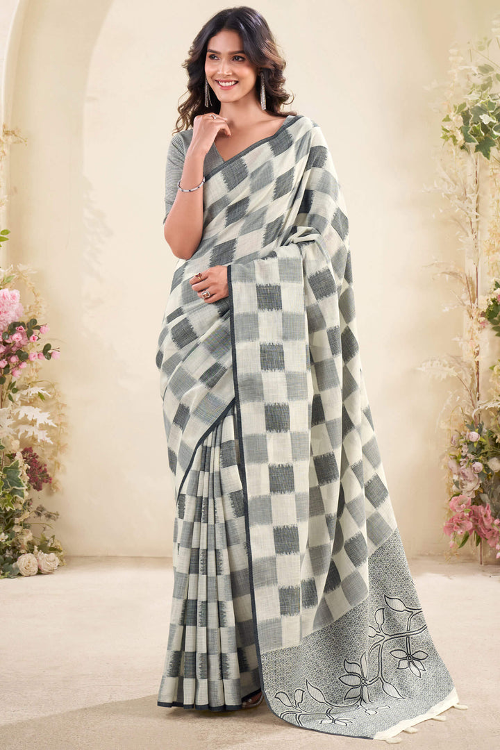 Mercury Beige Zari Woven Linen Silk Saree