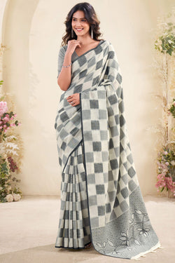 Mercury Beige Zari Woven Linen Silk Saree