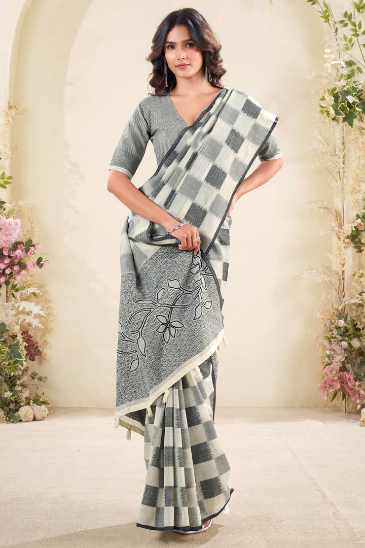 Mercury Beige Zari Woven Linen Silk Saree
