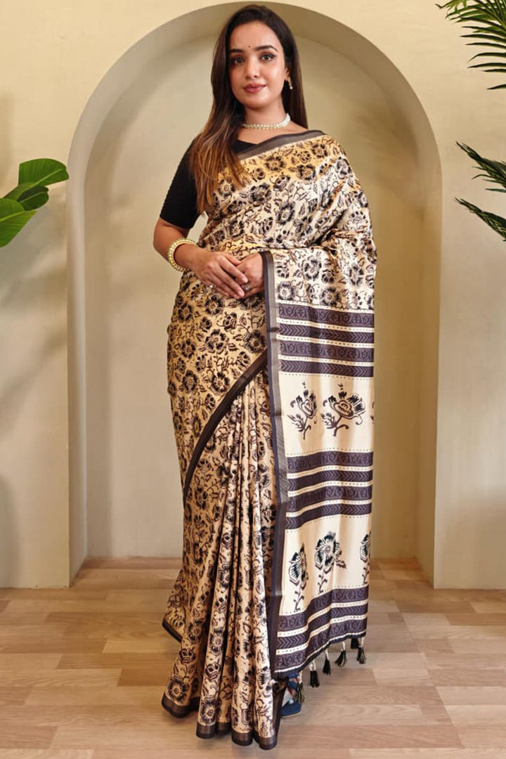 Merino Beige Digital Printed Dola Viscose Saree