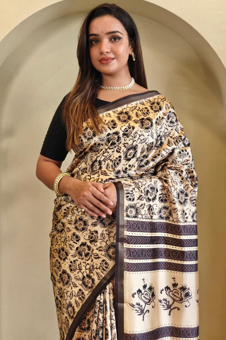 Merino Beige Digital Printed Dola Viscose Saree