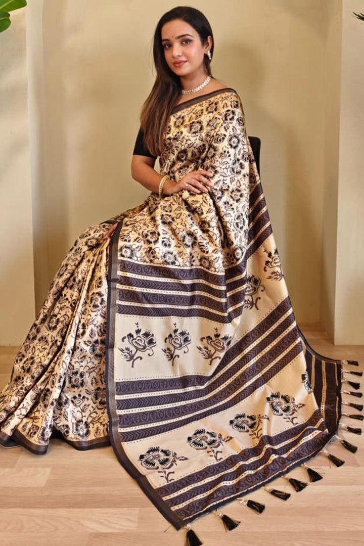Merino Beige Digital Printed Dola Viscose Saree
