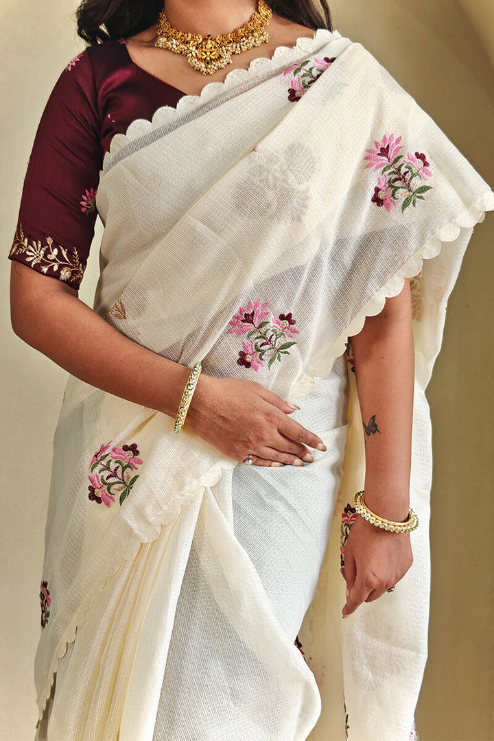 Merino Beige Embroidered Soft Silk Saree