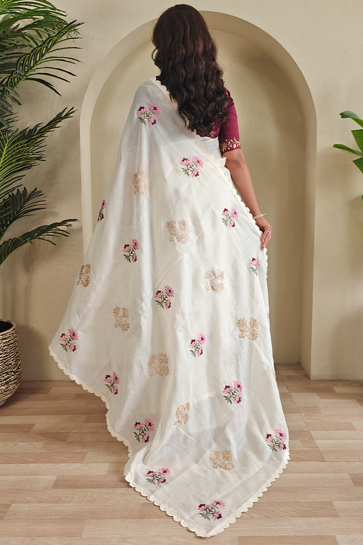 Merino Beige Embroidered Soft Silk Saree