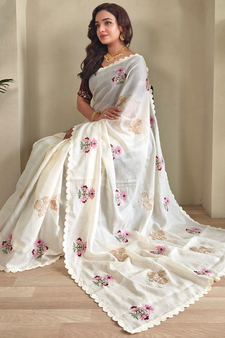 Merino Beige Embroidered Soft Silk Saree
