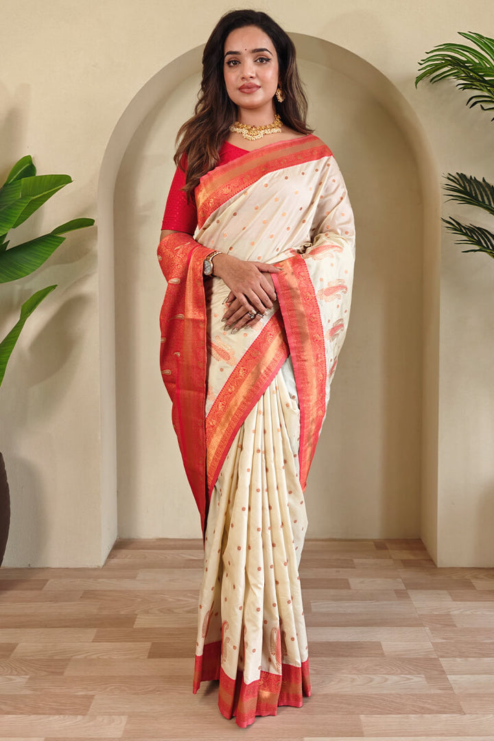 Merino Beige Zari Woven Banarasi Soft Silk Saree