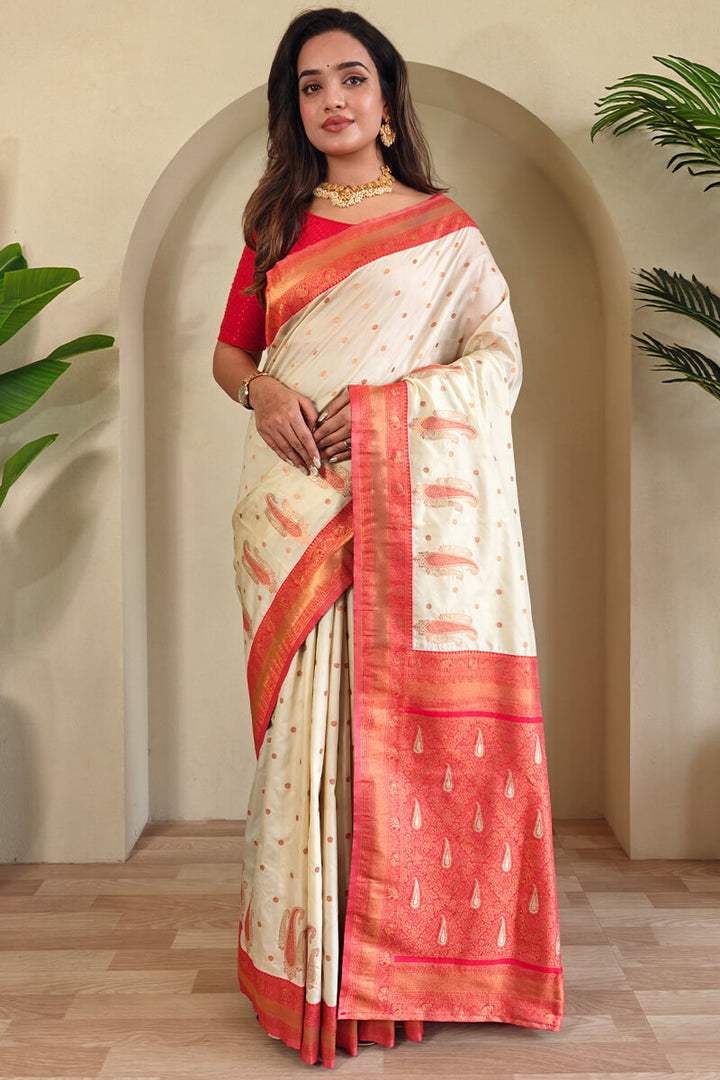 Merino Beige Zari Woven Banarasi Soft Silk Saree
