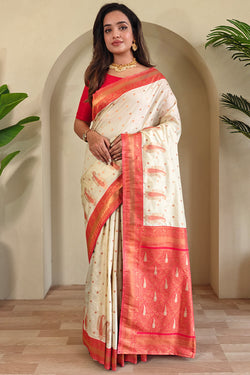 Merino Beige Zari Woven Banarasi Soft Silk Saree