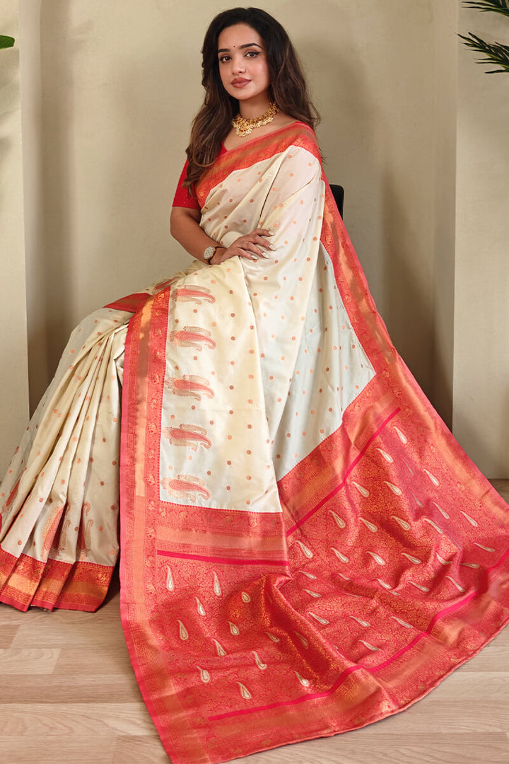 Merino Beige Zari Woven Banarasi Soft Silk Saree