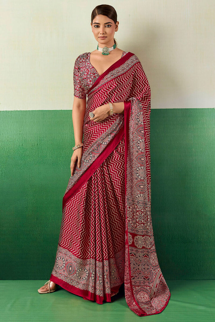 Merlot Maroon Ajrakh Printed Satin Silk Saree