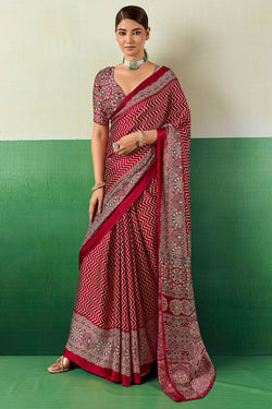 Merlot Maroon Ajrakh Printed Satin Silk Saree
