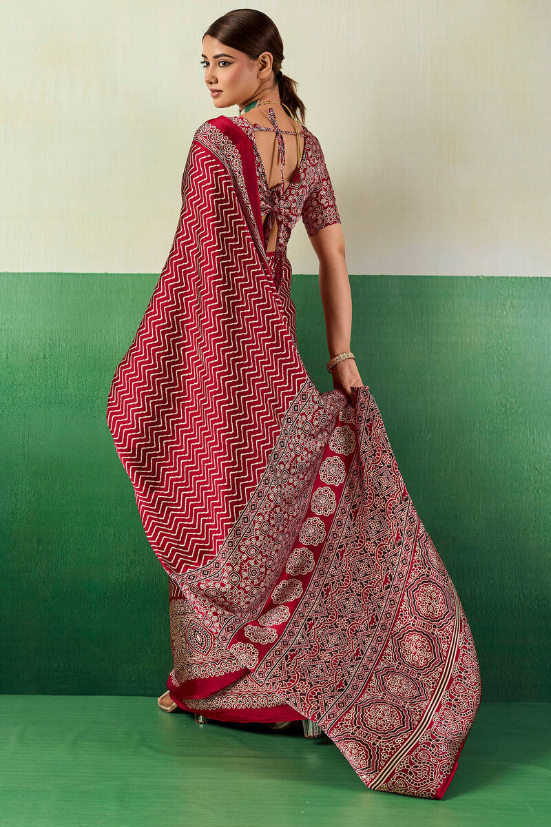 Merlot Maroon Ajrakh Printed Satin Silk Saree
