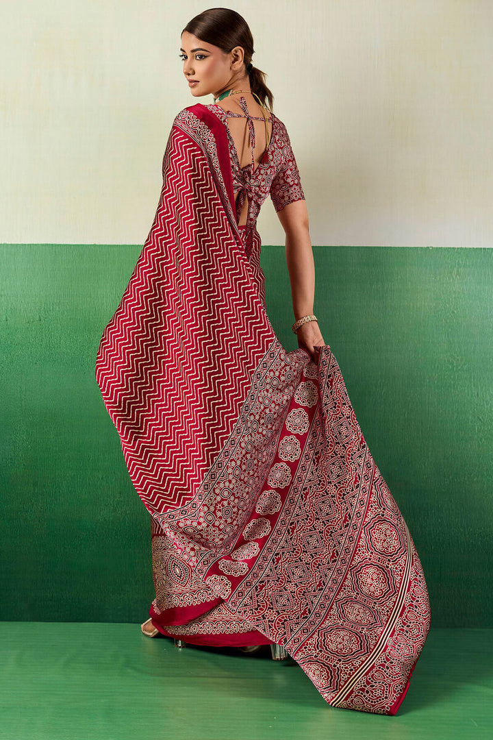 Merlot Maroon Ajrakh Printed Satin Silk Saree