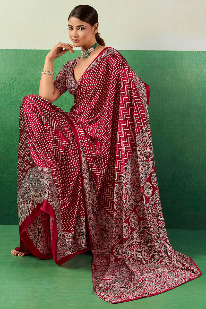 Merlot Maroon Ajrakh Printed Satin Silk Saree
